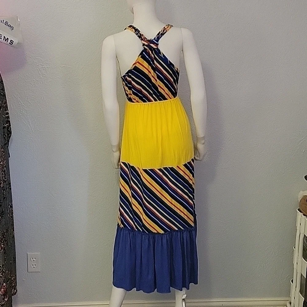 Vtg FASHION WEEK 1980s Rainbow Stripe Tiered Braided Colorblock Slip Dress